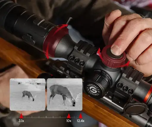 Zaawansowany wyświetlaczWbudowany 0,49" AMOLED 1920×1080 gwarantuje wyjątkową szczegółowość i komfort dla oka. Użytkownik może wybierać spośród 7 palet kolorystycznych, dopasowując obraz do warunków terenowych i własnych preferencji.